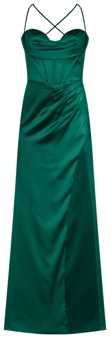 GB Social Corset Cowl Neck Lace-Up Back Slit Hem Satin Long Dress