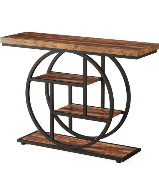 41.3" Console Table, Industrial 4-Tier Sofa Table Entryway Table with Circle Base, Narrow Wood Accent Tables with Storage Shelves for Livin