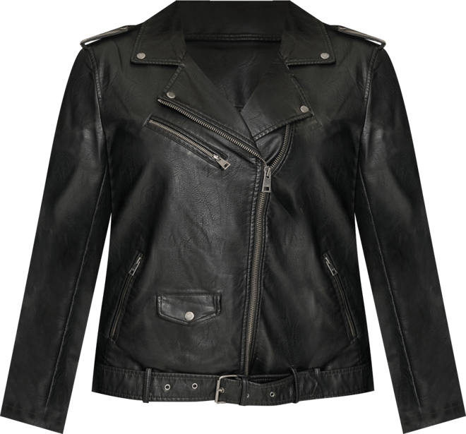 Plus Size Faux Leather Long Line Belted Moto Jacket