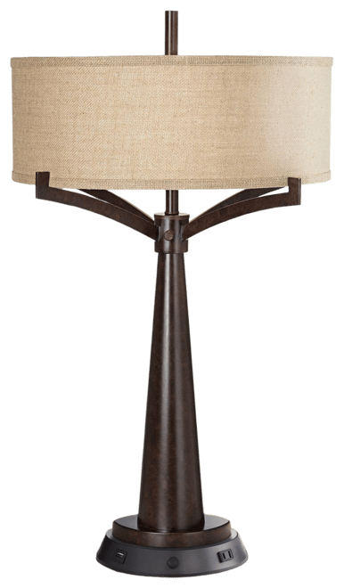 Tremont Industrial Table Lamp 31 1/2" Tall Bronze Metal with Dimmable Usb and Power Outlet Burlap Drum Shade for Living Room