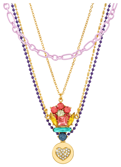 Multi 4 Piece Mixed Chain Necklace Set with Flower, Cluster and Heart Disc Charm Pendants