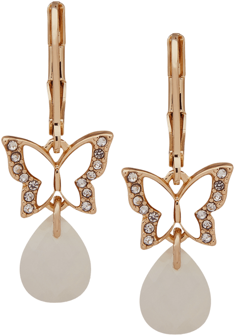 Gold-Tone Butterfly Stone Drop Earrings