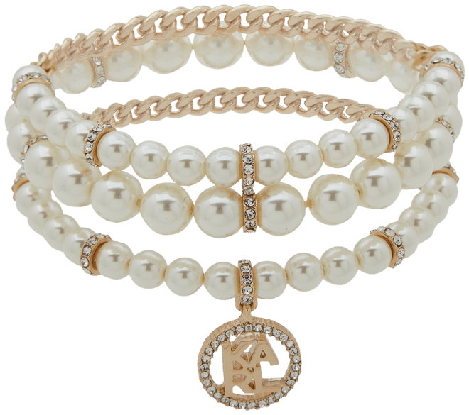 Gold-Tone 3-Pc. Set Pave Logo & Imitation Pearl Stretch Bracelets