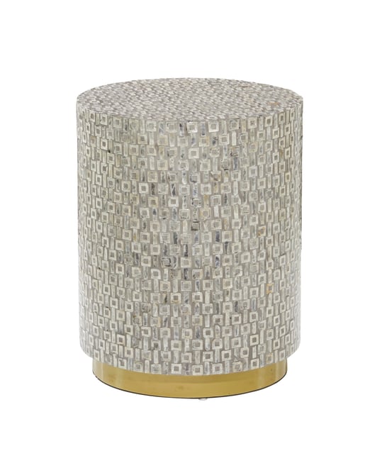 Mother of Pearl Drum Accent Table with Linear Mosaic Pattern and Gold Base