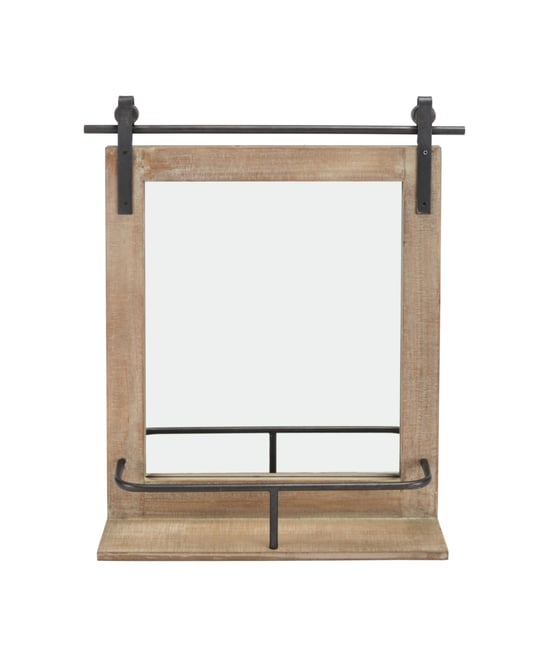 Rustic Industrial Wood-Framed Wall Mount Barn Door Vanity Mirror with Shelf and Iron Hardware