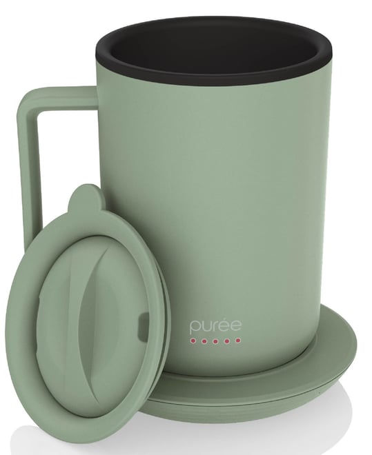 Puree Warming Coffee Mug, 12 oz. Stainless Steel Coffee Mug with Mug Warmer Coaster and Lid