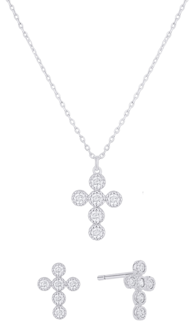 Cubic Zirconia Cross Stud Earring and Necklace with Jewelry Box Set