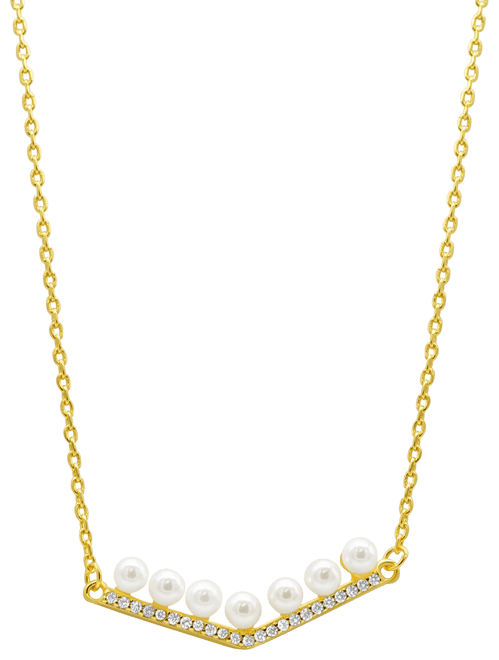 14K Gold-Plated Crystal Imitation Pearl Bar V-Necklace