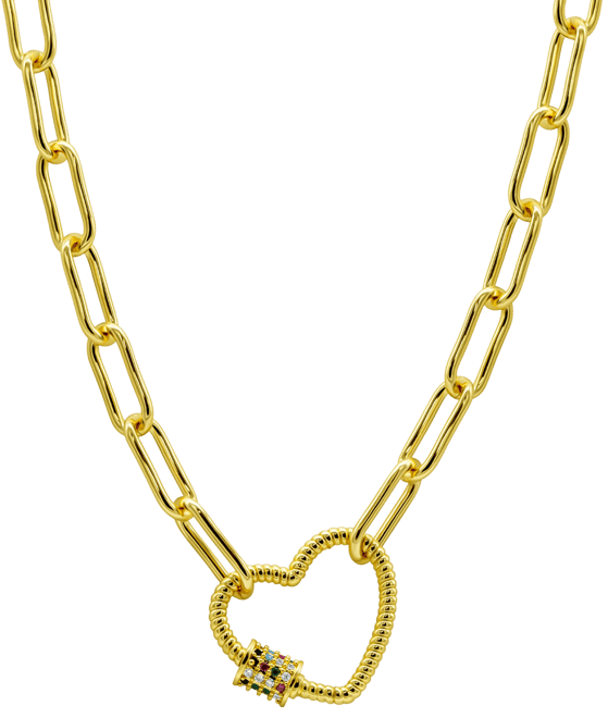 14K Gold-Plated Paper Clip Chain with Rainbow Heart Screw Lock