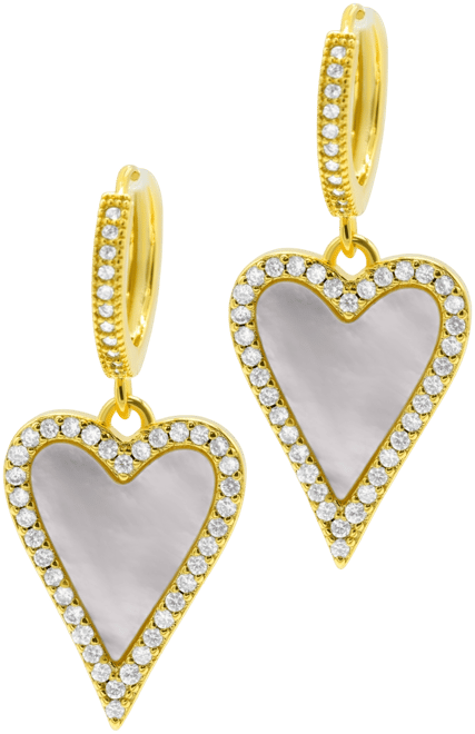 14K Gold-Plated White Mother-of-Pearl Crystal Halo Heart Drop Huggie Earrings