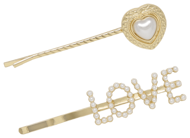 Imitation Pearl and Gold-Tone Love Heart Hair Pin Set