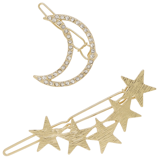 Stars and Moon Hair Barrettes in Gold-Tone, Set of 2