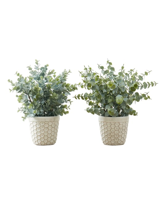 13" Indoor Artificial Eucalyptus Grass Plants with Decorative White Pots, Set Of 2