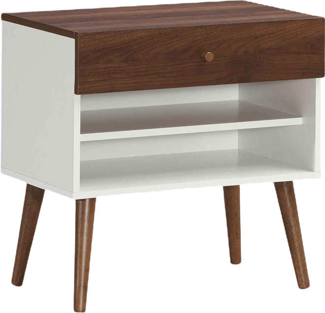 Mid-Century Nightstand with Drawer and Rubber Wood Legs