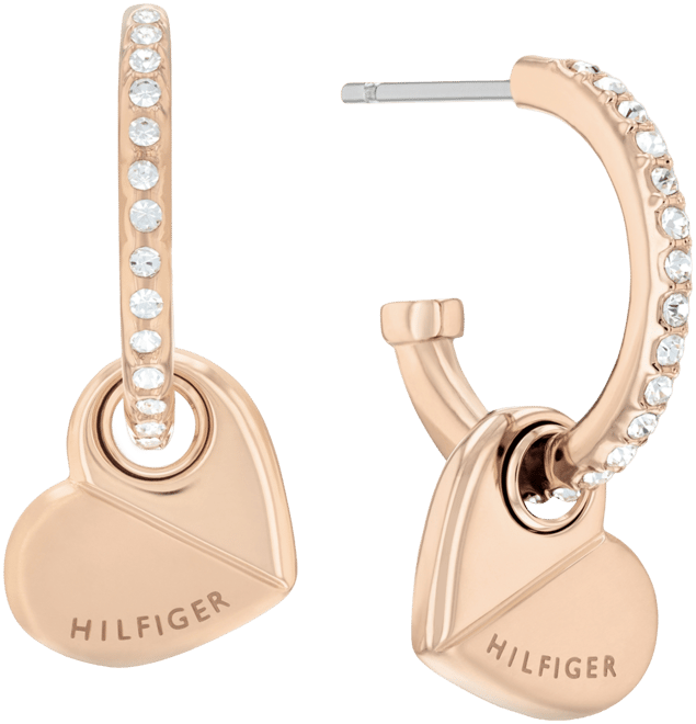 Gold-Tone Stainless Steel Heart Charm Pave Hoop Earrings