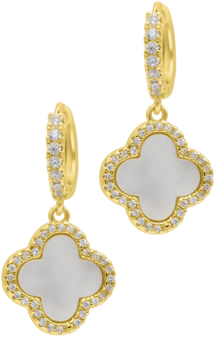 14K Gold-Plated Crystal Halo White Mother-of-Pearl Clover Dangle Huggie Earrings
