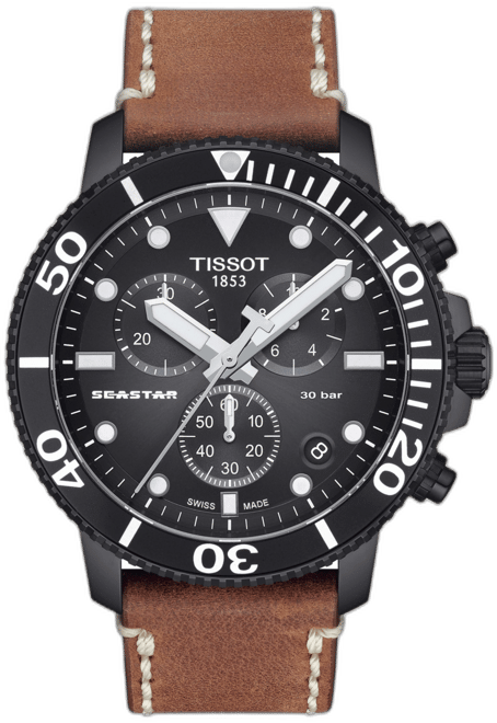 Men's Swiss Chronograph Seastar Brown Leather Strap Watch 46mm