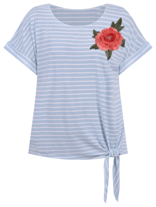 売れ筋商品|||ニューヨークコレクション カットソー トップス レディース Women's Short Sleeve Embroidered Tie Front Top Mint White Stripe NY Collection Women's Short Sleeve Embroidered Tie Front Top