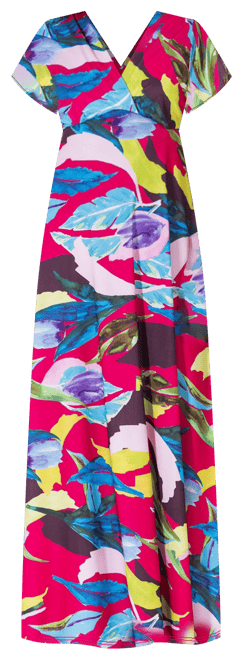 Print V Neck Empire Waist Kimono Cap Sleeve Maxi Dress