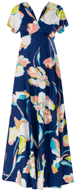 Print V Neck Empire Waist Kimono Cap Sleeve Maxi Dress