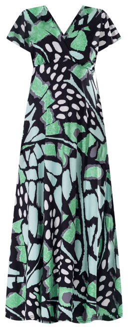 Print V Neck Empire Waist Kimono Cap Sleeve Maxi Dress