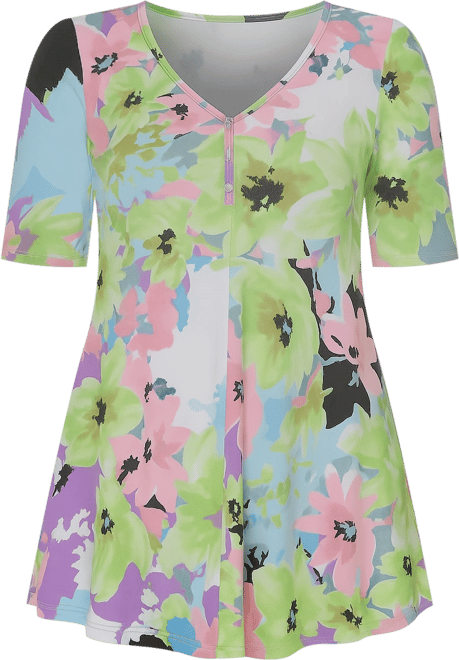 Print Elbow Sleeve V Neck Henley Tunic Top