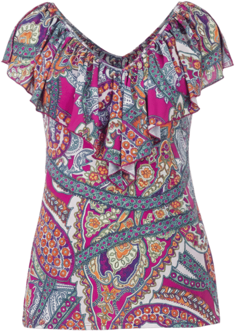 Cap Sleeve Print Ruffle V Neck Top