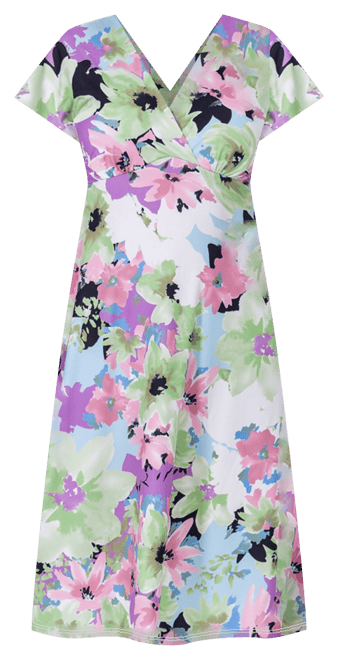 Floral Print V Neck Empire Waist Kimono Cap Sleeve Knee Length Dress