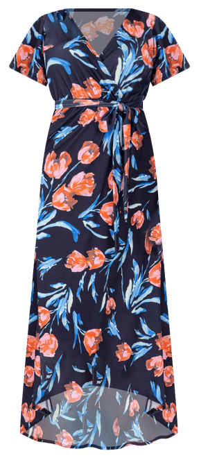 Print V Neck Belted High Low Faux Wrap Dress