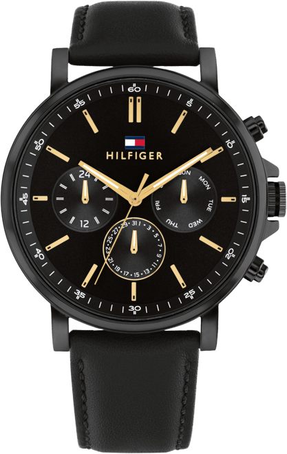 Men's Multifunction Black Leather Watch 44mm