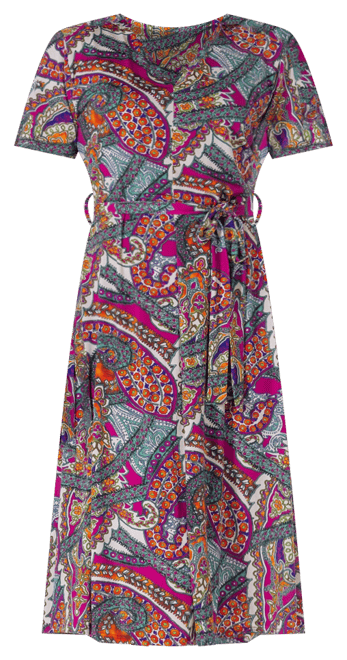 Print Short Sleeve Tie Waist Midi Dress