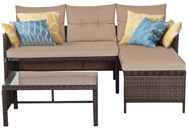 3 Pieces Outdoor Patio Corner Rattan Sofa Set