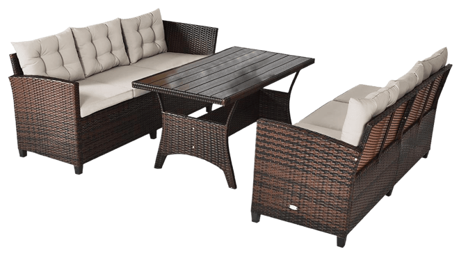 3 Pieces Hand-Woven Rattan Outdoor Sofa Set with Dining Table