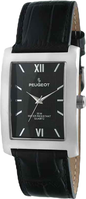 Men's 30X40mm Silver Tank Shape Watch with Black Dial and Black Leather Strap