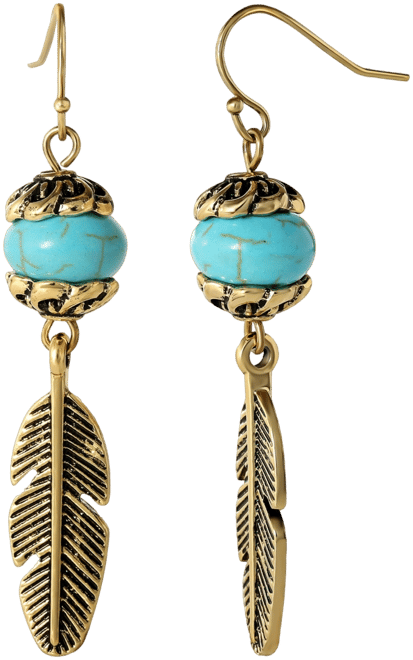 Womens Turquoise Bead Feather Drop Earrings