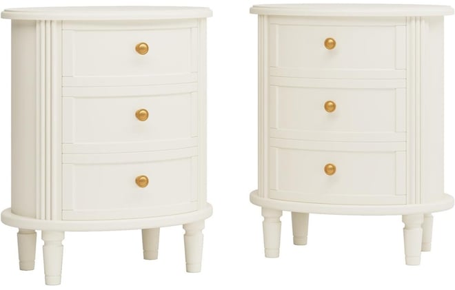 3-Drawer Nightstands Set of 2, Off-White Bed Side Table for Bedroom, No Assembly Required, Oval Farmhouse Night Stand with Storage, Wood Si