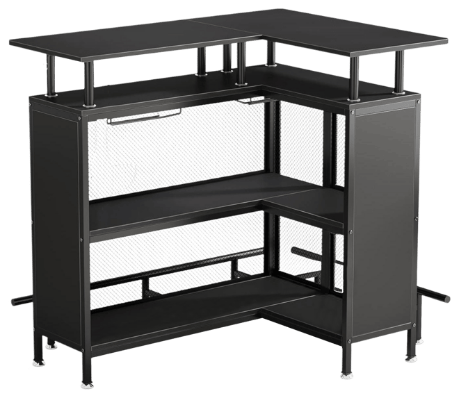 Home Bar Unit, L-Shaped Bar Table with Stemware Racks and 2-Tier Shelves, Corner Mini Coffee Liquor Cabinet with Footrest for Home/Kitchen/