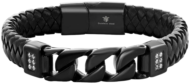 Stainless Steel Genuine Leather Curb Link Cz Bracelet