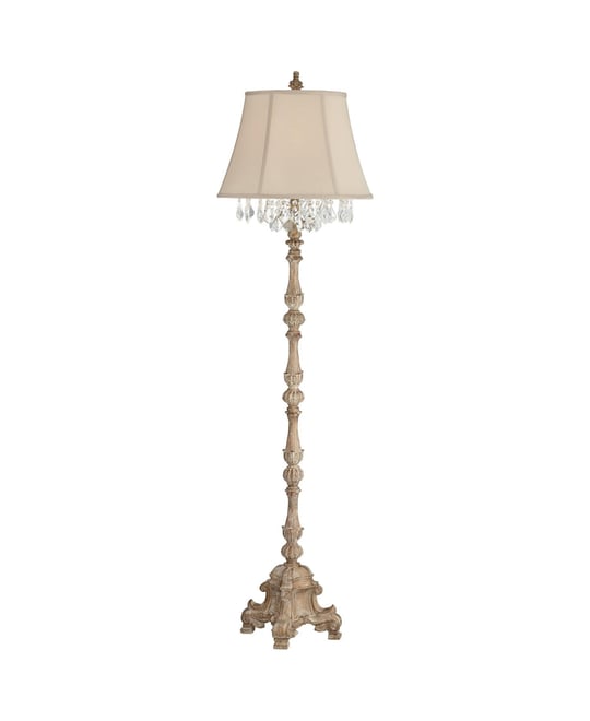 Duval Country Cottage Floor Lamp 63 1/2" Tall Distressed Faux Wood Candlestick Crystal Glass Beading Cream Bell Shade for Living R