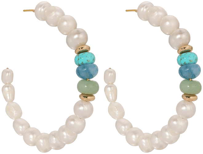 Freshwater Pearl Beaded Mixed Gemstone Hoop Earrings