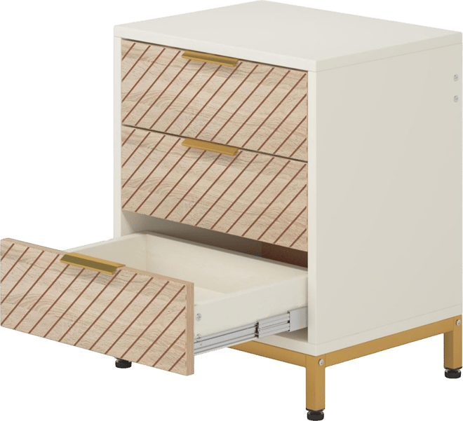 Nightstand for Bedrooms, White and Gold Light Wood Grain Nightstand with 3 Drawers, End Tables Storage for Living Room