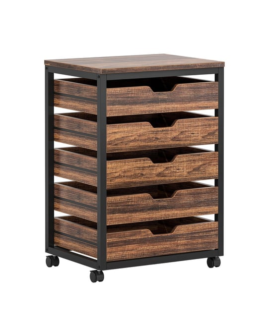5 Drawer Chest, Wood Storage Dresser Cabinet with Wheels, Industrial Storage Drawer Organizer Cart for Office Bedroom Entryway, Rustic Brow