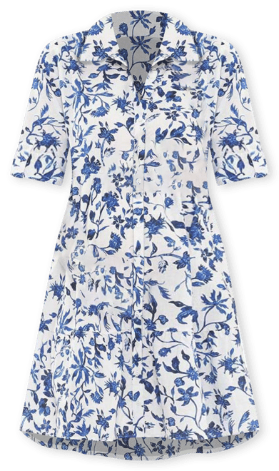 Bella Button Through Linen Dress White/Lapis