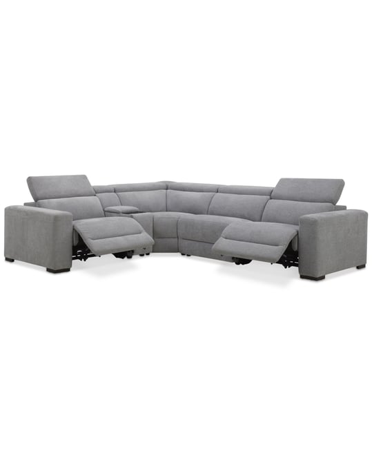 Nevio 5-Pc. Fabric Power Headrest L-Shape Sectional and Console with 2 Power Motion Chairs