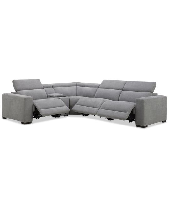 Nevio 5-Pc. Fabric Power Headrest L-Shape Sectional and Console with 3 Power Motion Chairs