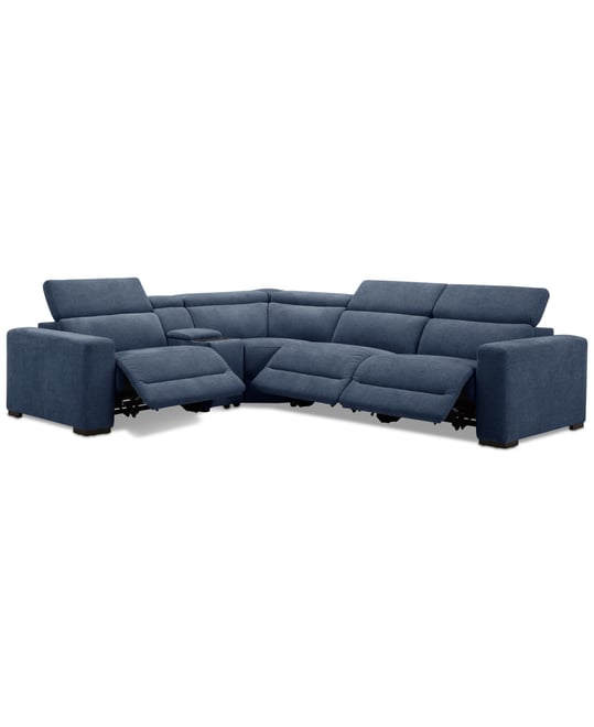 Nevio 5-Pc. Fabric Power Headrest L-Shape Sectional and Console with 3 Power Motion Chairs