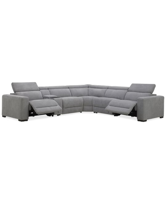 Nevio 6-Pc. Fabric Power Headrest L-Shaped Sectional and Console with 2 Power Motion Chairs