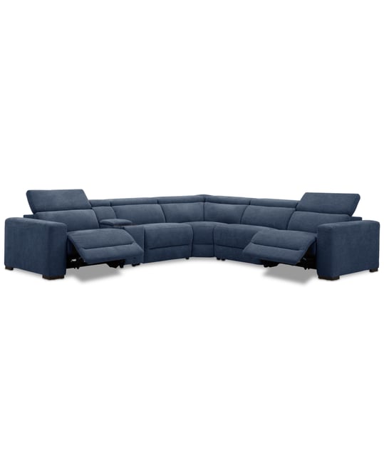 Nevio 6-Pc. Fabric Power Headrest L-Shaped Sectional and Console with 2 Power Motion Chairs