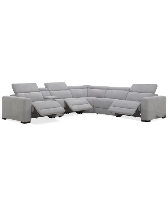 Nevio 6-Pc. Fabric Power Headrest Sectional with Console and 3 Power Motion Chairs