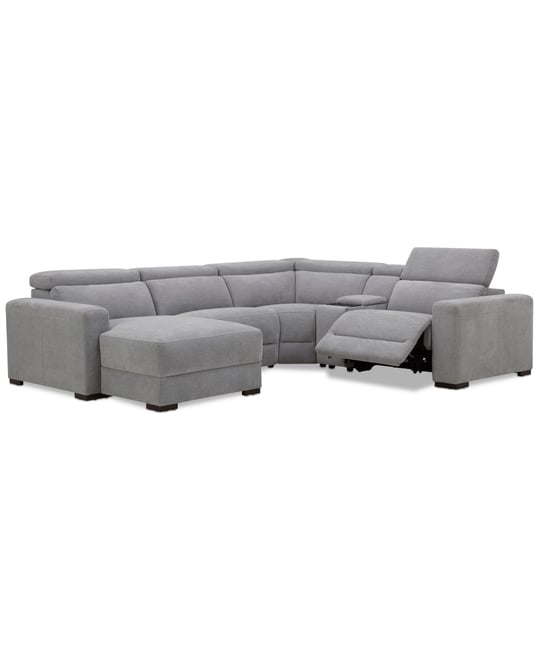 Nevio 5-Pc. Fabric Power Headrest Sectional and Chaise with 1 Power Motion Chair